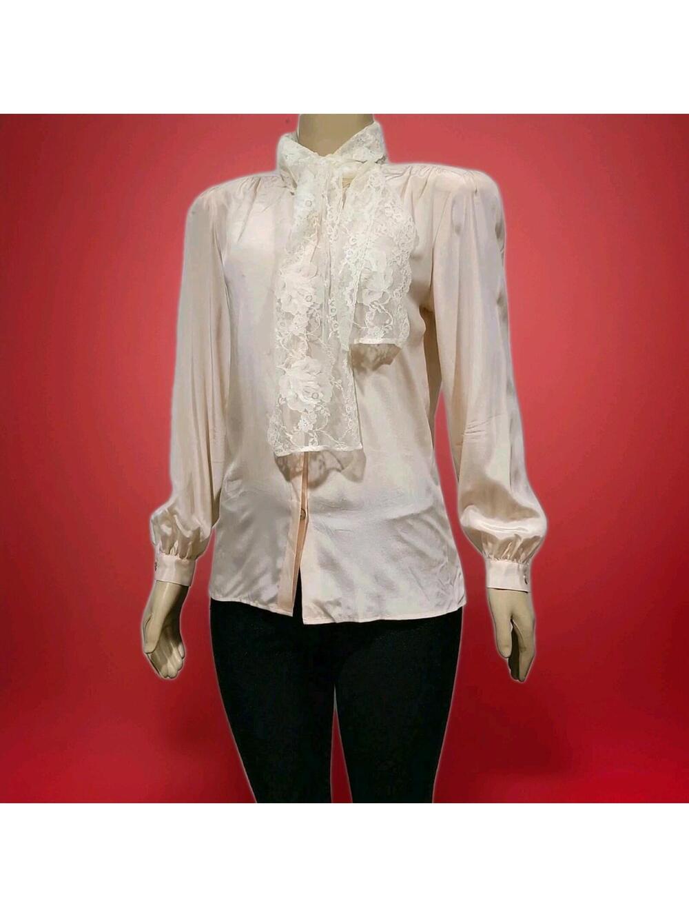 Vintage Robinsons Women's Blouse Size 8 Pink Silk Victorian Vibe Lace Necktie #C